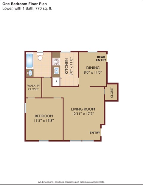 Floor plan for 1 bed, 1 bath, 770 sqft